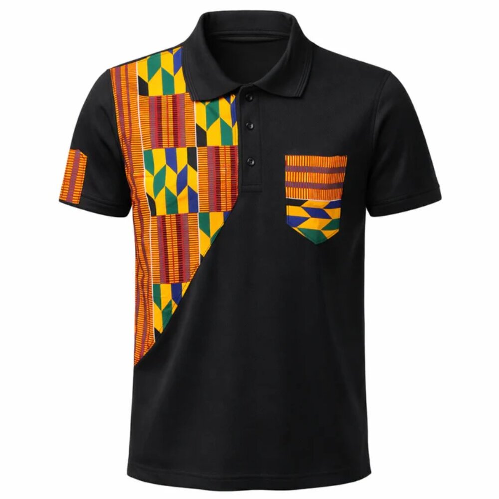 Vibrant Patterned Black Polo Shirt